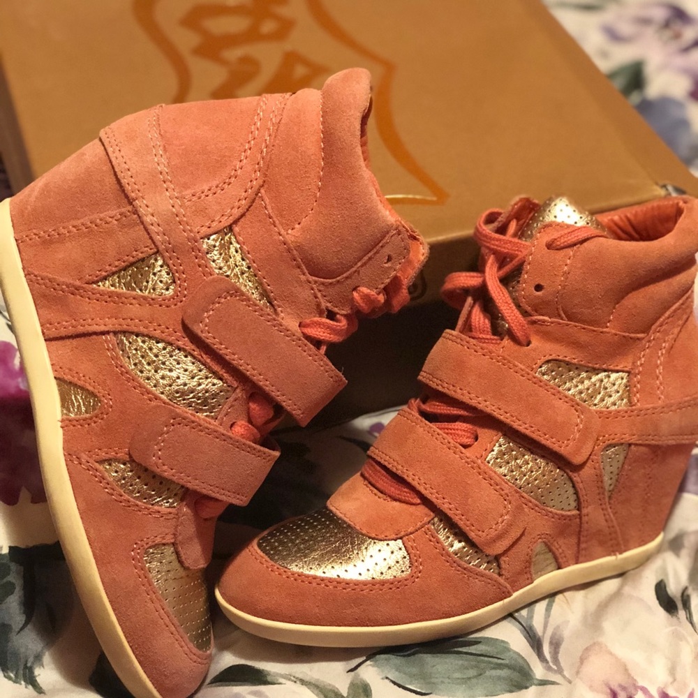 ASH Suede Rose Pink & Gold Wedge sneaker.